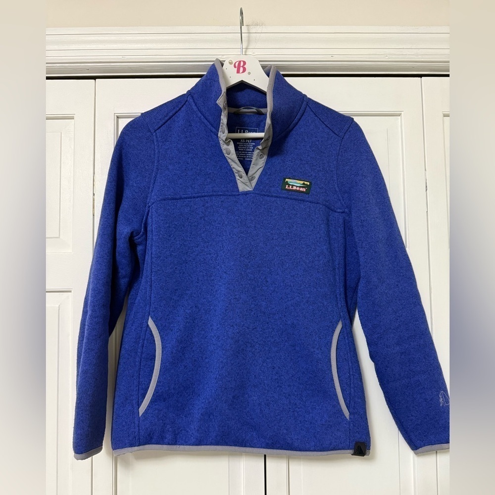 L.L. Bean Sweater Womens Fleece Pullover Blue Gray Kangaroo Pockets XS Petite